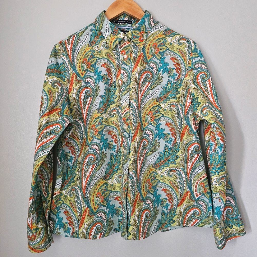 Women's green, teal, & orange paisley button down shirt (18P)